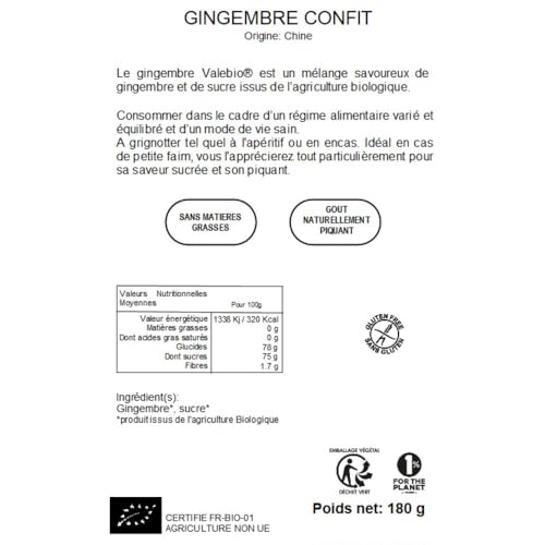 Gingembre Confit Bio 180g Valebio - Épices bio et savoureuses - Idéal pour desserts et plats salés - Naturel et sans add