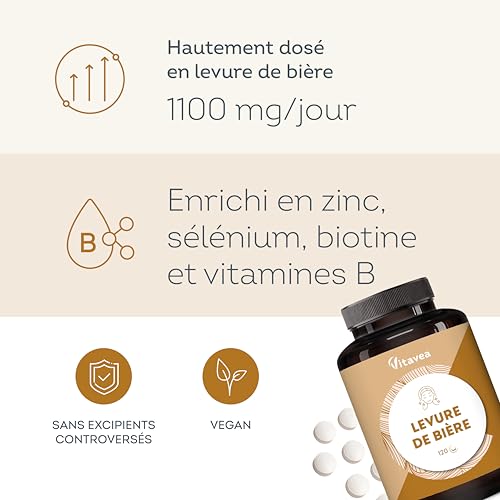 Vitavea Levure de Bière 1100 mg – Pousse Cheveux, Ongles et Peau – Zinc, Sélénium, Vitamines B – 120 Gélules – 2 Mois – 