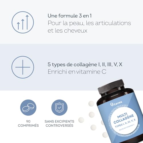 Vitavea Multi Collagène 5 Types I, II, III, V, X pour Peau, Cheveux et Articulations - Peptide de Collagène Hydrolysé & 