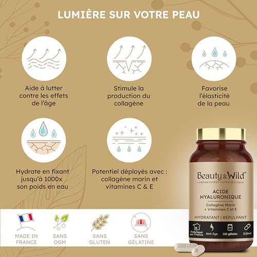 Acide Hyaluronique + Collagène Marin + Vitamine C & E pour Peau Jeune & Lisse - Anti-Âge & Régénération Cellulaire - 2 M