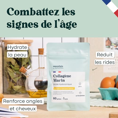 Collagène Marin + Acide Hyaluronique Essentiels par Novoma, Hydratation Peau et Articulations Fortes, 1 Mois Cure, 60 Gé