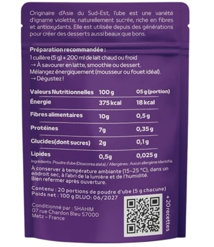 Ube Poudre Haute Qualité Siglée Premuim - Faible Calorie & Sucres - Sans Gluten ni Caféine - Rich en Antioxydants & Fibr