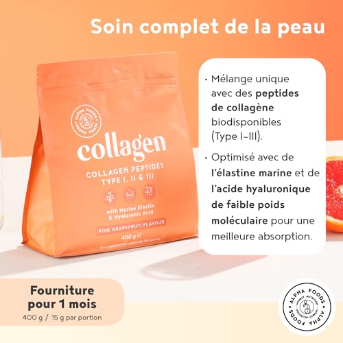 Collagène Hydrolysé en Poudre Alpha Foods 400gr - Collagen Peptides (Types I, II & III) + Élastine Marin + Acide Hyaluro