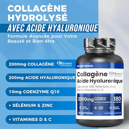 Vitastrong Collagène et Acide Hyaluronique - 2000mg Collagène Efficace - Formule Complexe - Haute Qualité