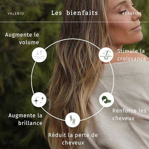 Valebio Keratine 500mg & Vitamine B Pousse Cheveux | Anti-Chute, Volume & Brillance | Naturel & Vegan | 120g, 1 Mois
