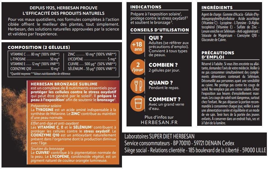 HERBESAN BRONZAGE SUBLIME Préparateur solaire Antioxydant Coenzyme Q10 Cuivre Lycopène Anti-âge Usage quotidien 60 gélul