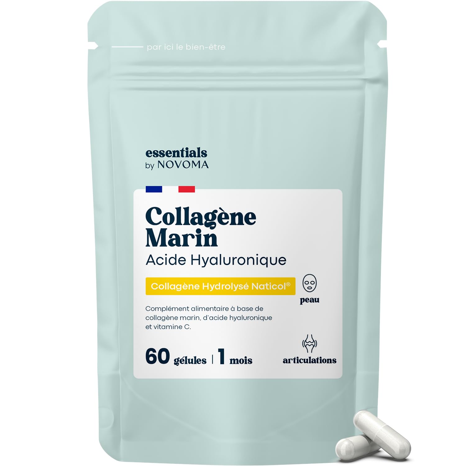 Collagène Marin + Acide Hyaluronique Essentiels par Novoma, Hydratation Peau et Articulations Fortes, 1 Mois Cure, 60 Gé