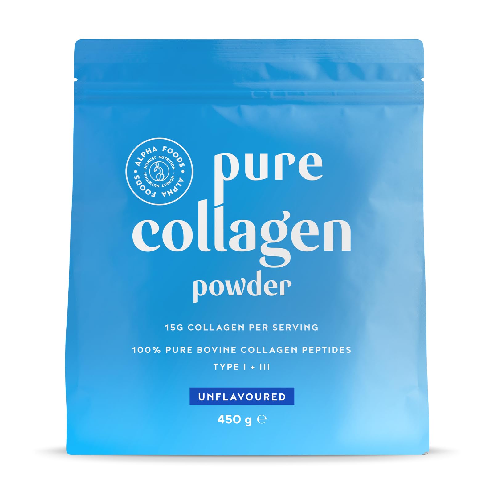 Collagène Poudre Alpha Foods 450gr - Collagen Peptides Purs (Type I, III) - Collagène Bovin 100% Hydrolysé pour Peau Lis
