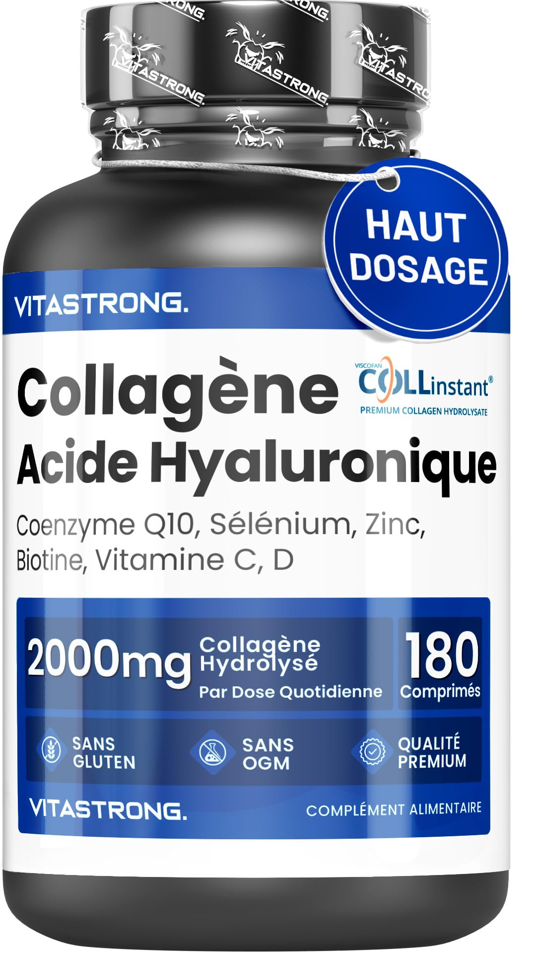 Vitastrong Collagène et Acide Hyaluronique - 2000mg Collagène Efficace - Formule Complexe - Haute Qualité