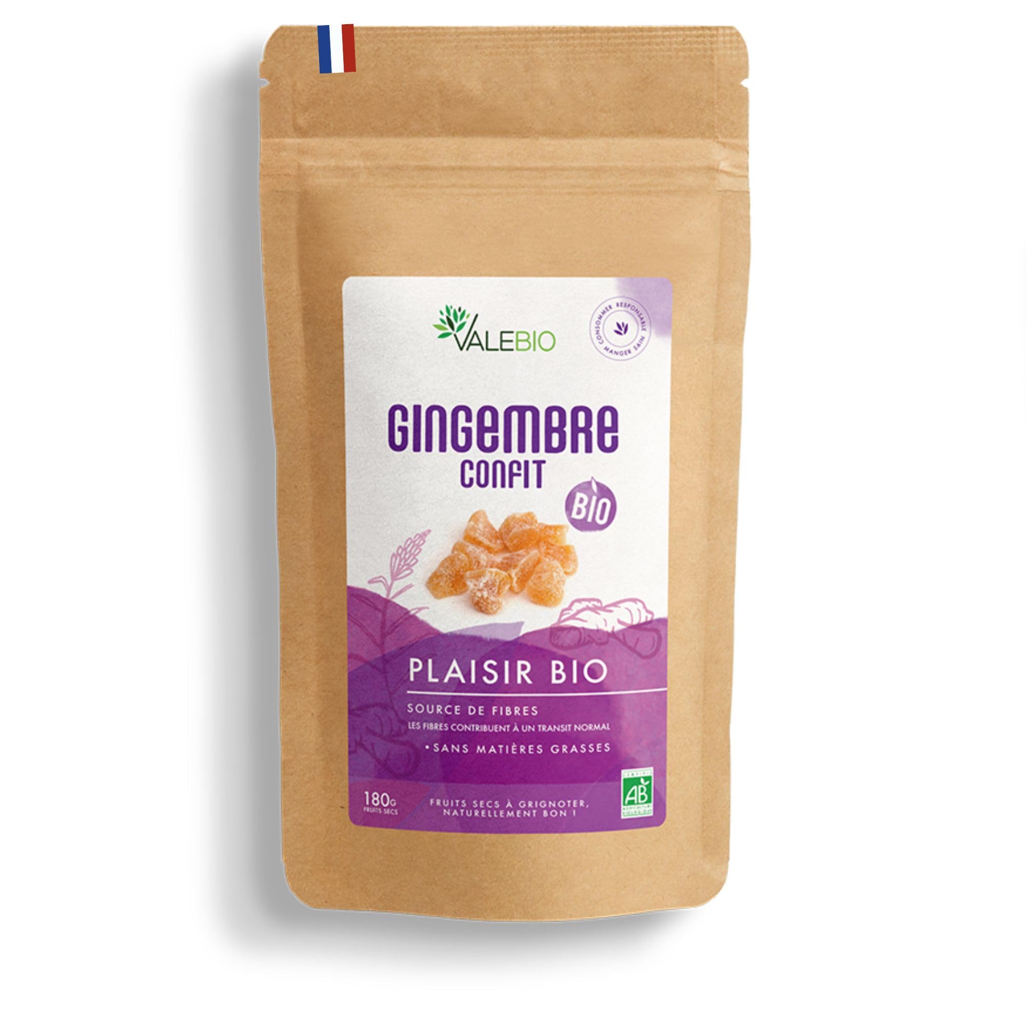 Gingembre Confit Bio 180g Valebio - Épices bio et savoureuses - Idéal pour desserts et plats salés - Naturel et sans add