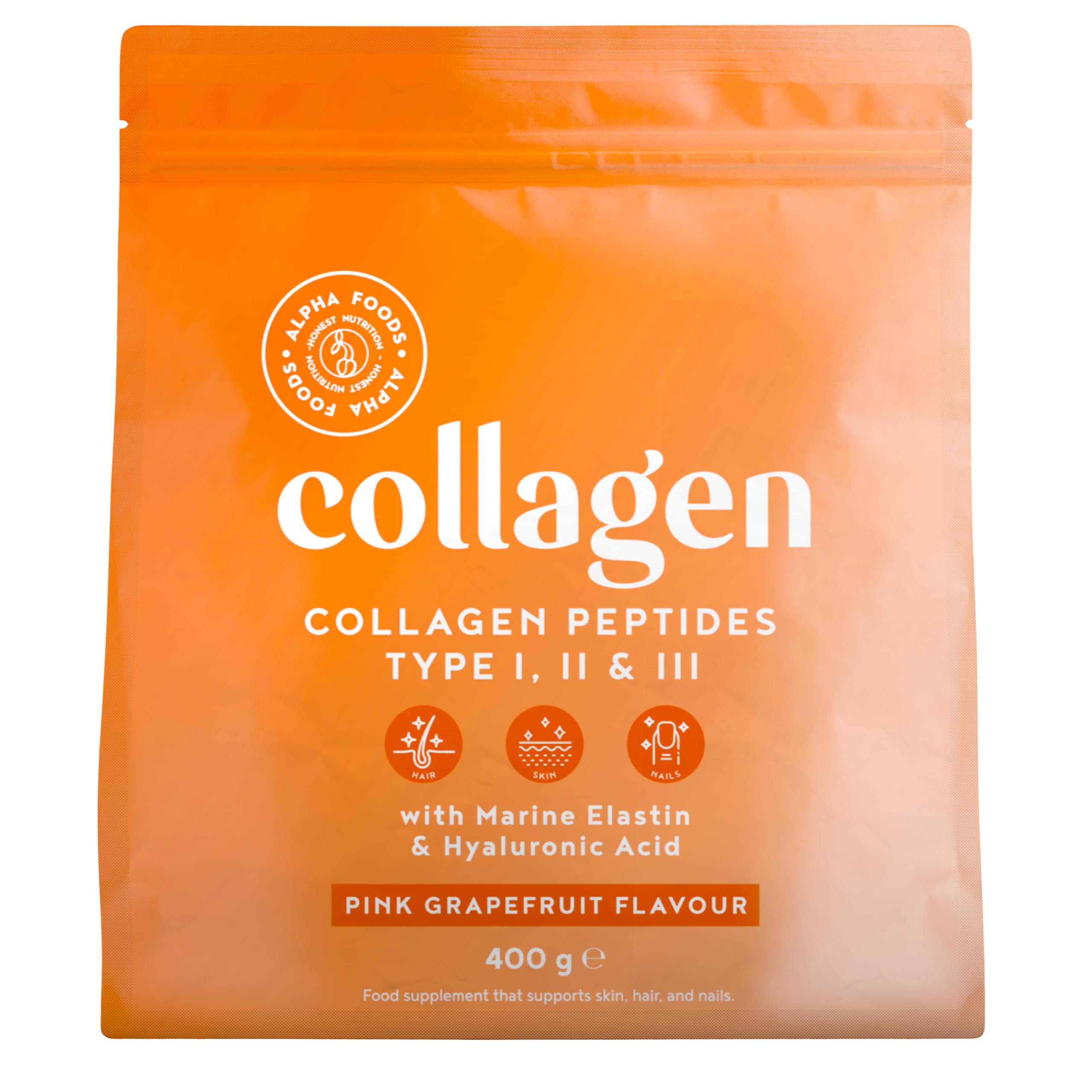Collagène Hydrolysé en Poudre Alpha Foods 400gr - Collagen Peptides (Types I, II & III) + Élastine Marin + Acide Hyaluro