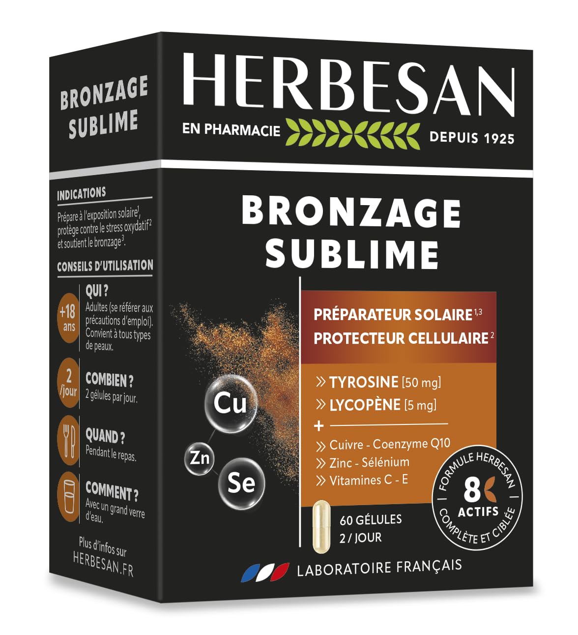 HERBESAN BRONZAGE SUBLIME Préparateur solaire Antioxydant Coenzyme Q10 Cuivre Lycopène Anti-âge Usage quotidien 60 gélul
