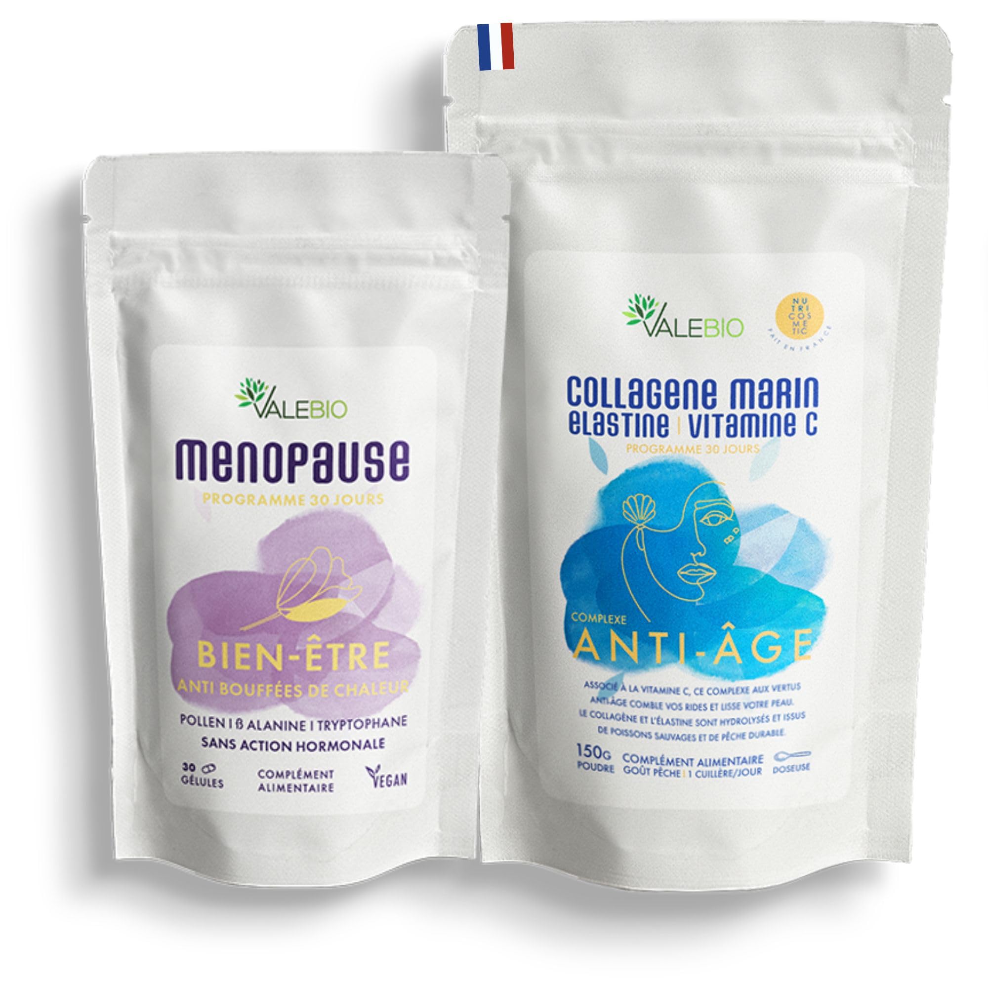 Duo anti-âge Valebio Collagène marin Complexé ménopause 1 mois Cure rides & désagréments hormonaux Femmes 1 mois