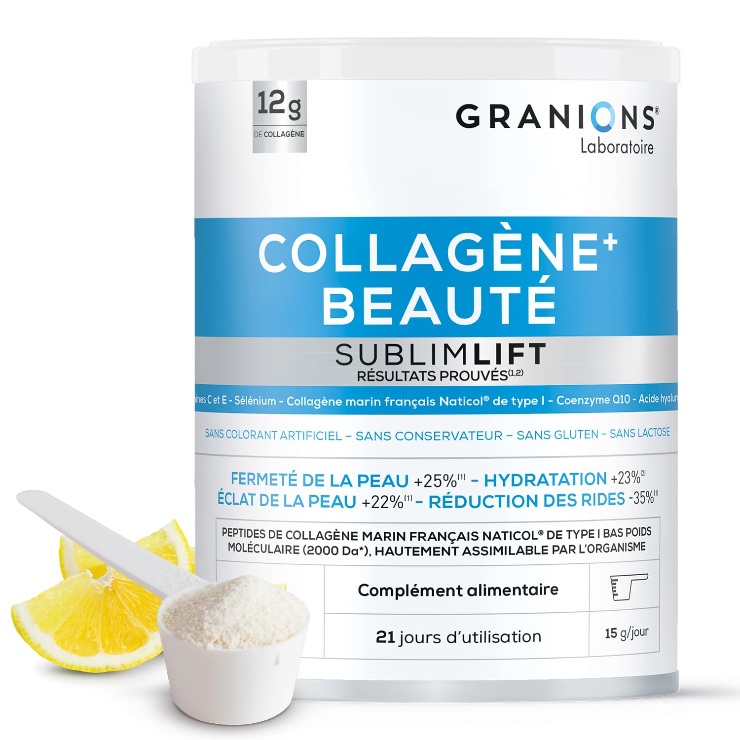 Collagene Marin Sublimlift Granions 12g de Collagène Jour | Collagène Marin + Acide Hyaluronique + CoQ10 | Goût Citron -